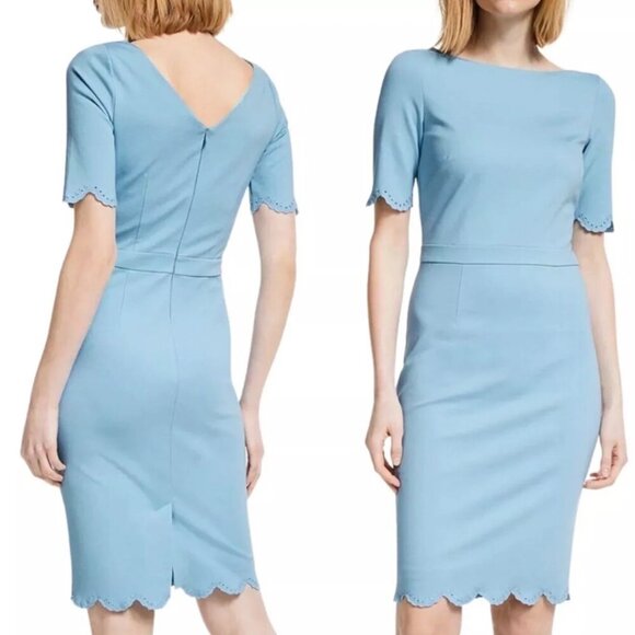 BODEN Emma Eyelet Scalloped Hem Blue Ponte Sheath Dress - Picture 1 of 6